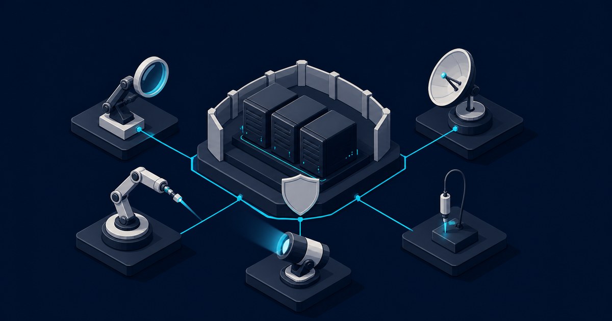 Isometric server towers ringed by a shield icon, wired by glowing blue lines to satellite dishes, cameras, spotlights, and robotic sensor arms on separate platforms.