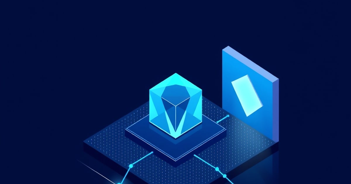 Isometric glowing blue cube on a dotted chip-like platform with circuit traces and an upright blue panel, evoking GPU hardware for hosting a private LLM