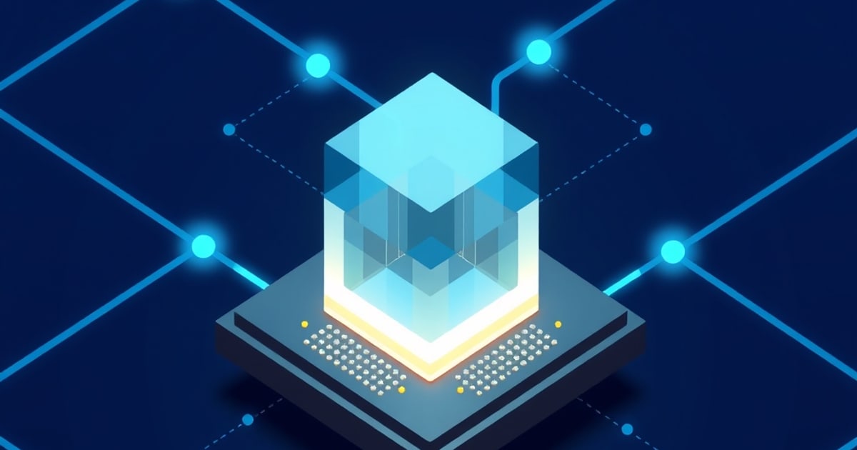 Isometric illustration of a tall compute block on a dark pad crossed by a rising arrow and branching nodes, representing GPU spend cut against throughput