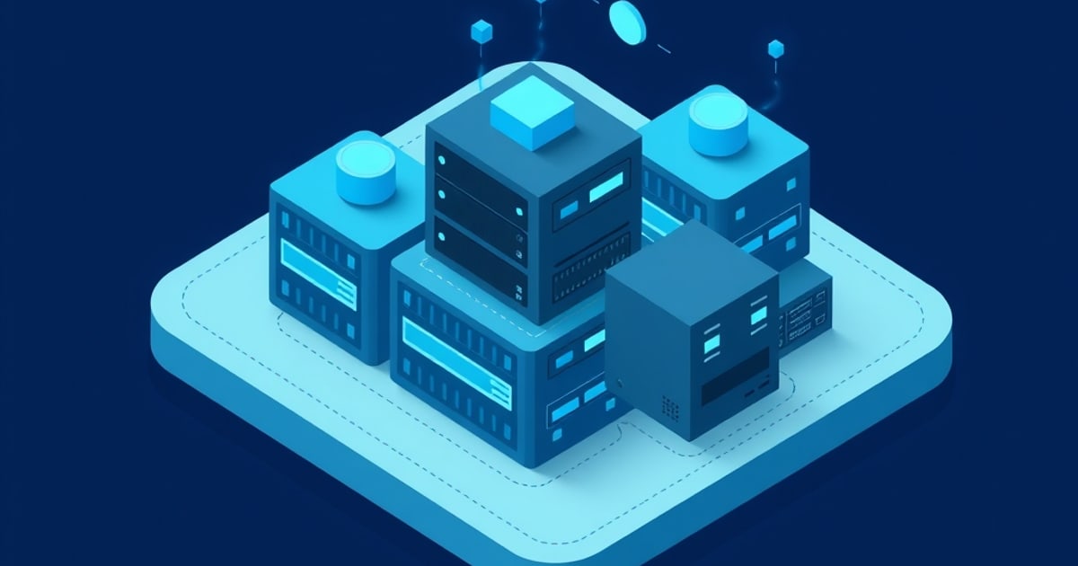 Flat isometric illustration of blue server cabinets and racks with lit panel strips clustered on a pale blue pad, linked by dashed paths on navy.