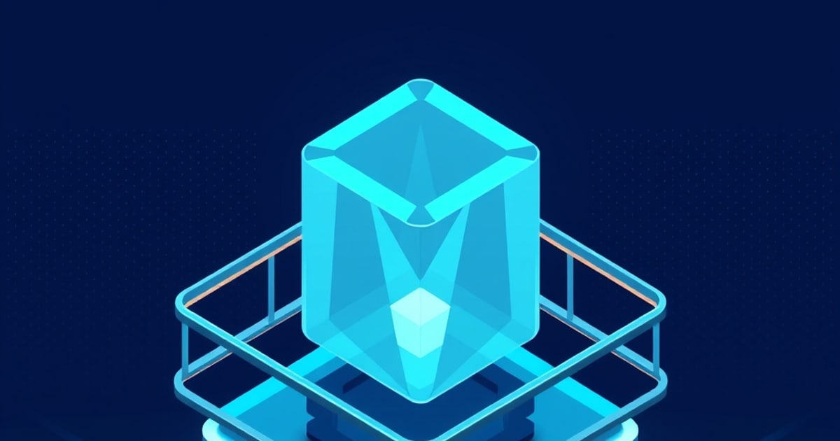 A glowing cyan crystalline gem sits inside a fenced isometric platform on a dark navy background, symbolizing a filtering checkpoint that screens incoming prompts before they reach a model.