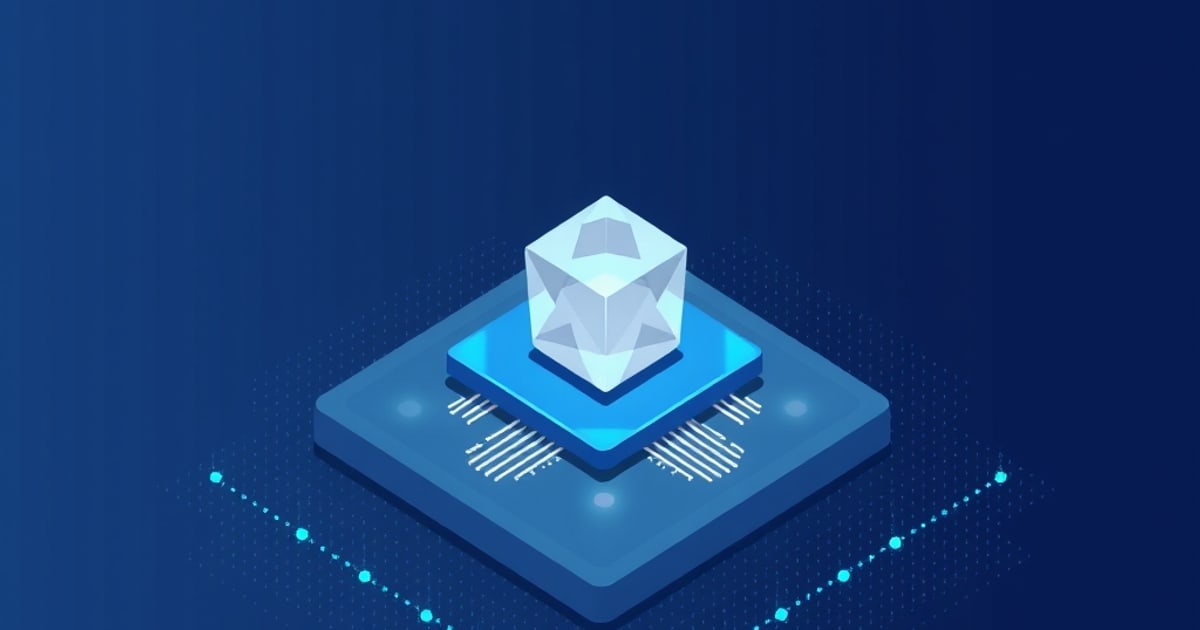 Flat isometric illustration of a translucent faceted glass cube on a glowing cyan chip pad set in a blue platform, with dotted trails on either side.