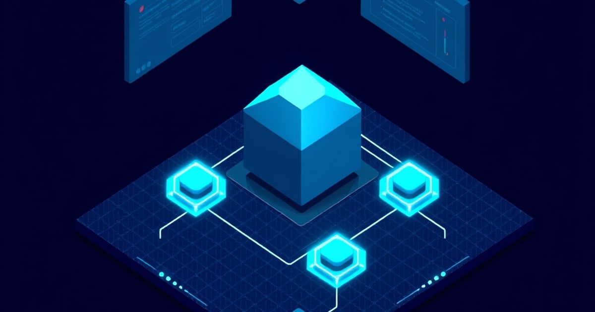 Isometric illustration of two node clusters on one dark slab, each a rounded server cube ringed by satellites, representing two serving stacks compared